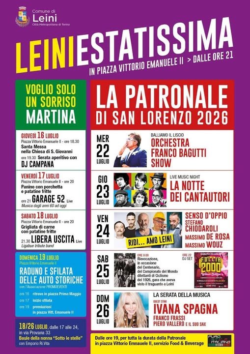 Leiniestatissima – Patronale di San Lorenzo 2026 – Leinì (TO)